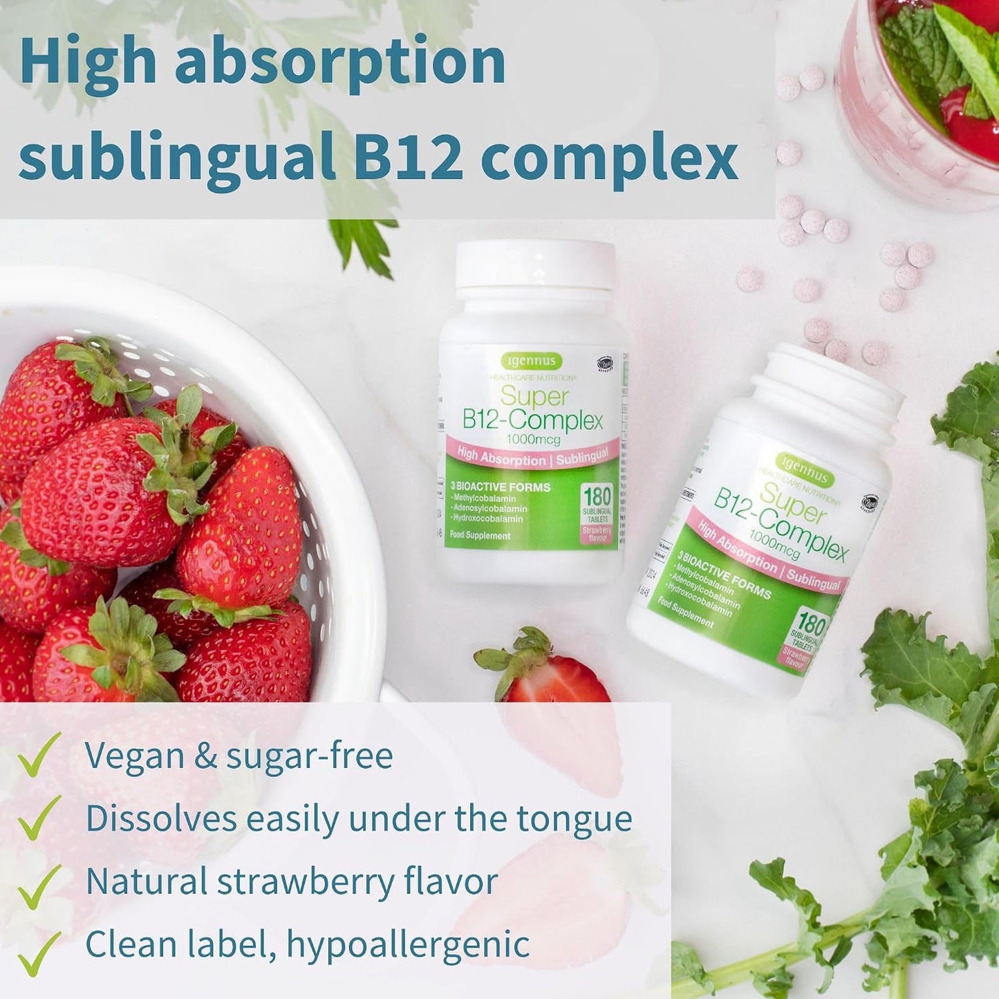 Daily Vitamin D3 + Super B12-Complex, Vegetarian Bundle, 365 2000iu Vitamin D3 Tablets + High Absorption Sublingual B12, by Igennus