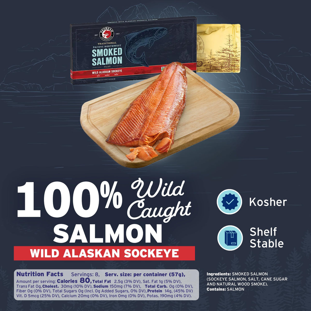 SeaBear Smoked Salmon Trio 18oz (3 x 6oz) Fillets Gift Box – Wild Alaska Sockeye, Wild Pink & Coho Fillets, Shelf Stable, Ready to Eat, 18 Ounce (3 x 6 Ounce) Filets