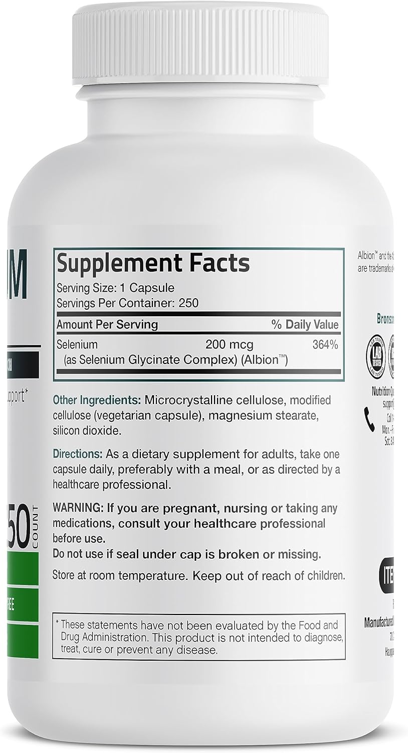 Bronson Selenium 200 mcg Albion Chelated Amino Acid Complex, 250 Capsules | Yeast-Free Essential Trace Mineral, Immune, Prostate & Metabolism Support, Vegetarian, Non-GMO, Gluten-Free & Soy-Free