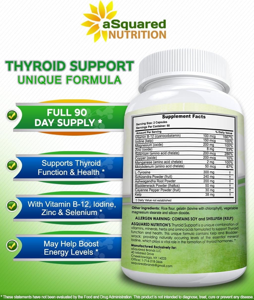 aSquared Nutrition Premium Thyroid Support Supplement with Iodine (180 Capsules) - Best Herbal & Vitamin Complex Pills w/ B12, Ashwagandha, Bladderwrack & Kelp - Helper for Healthy Hormone & Energy