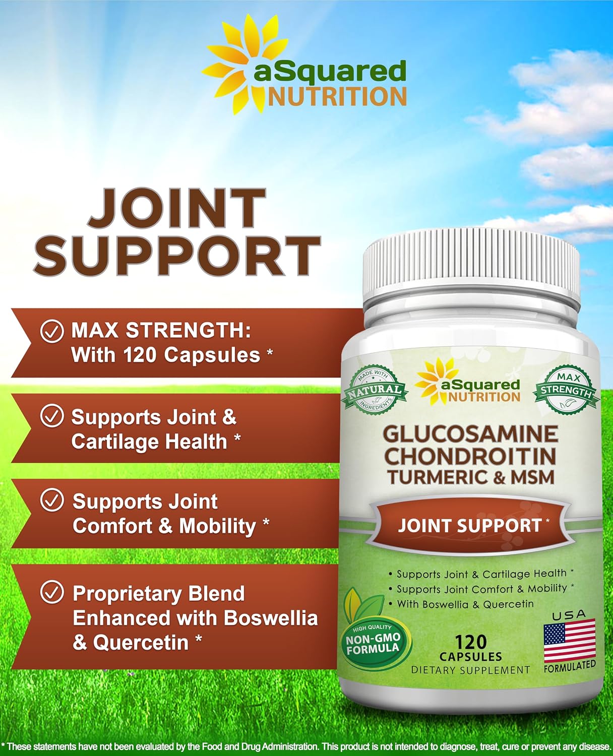 aSquared Nutrition Glucosamine Chondroitin Turmeric MSM Boswellia - 120 Capsules - Joint Support Supplement - Joint Support Relief Pills for Health - Natural Supplement for Back, Knee & Hands