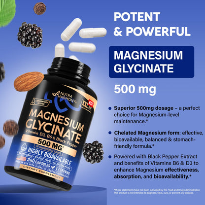 Magnesium Glycinate 500 mg - Chelated Supplement - High Absorption Form of Magnesium - Support for Sleep, Muscle & Heart Health - for Women & Men - Lab Tested & Non-GMO - 240 Capsules