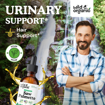 Wild & Organic Saw Palmetto for Men & Women - Urinary Tract & Hair Support - Saw Palmetto Extract Liquid Drops - Add to Tea - Serenoa Repens Berries Supplement - Vegan, Sugar & Alcohol-Free - 4 fl oz