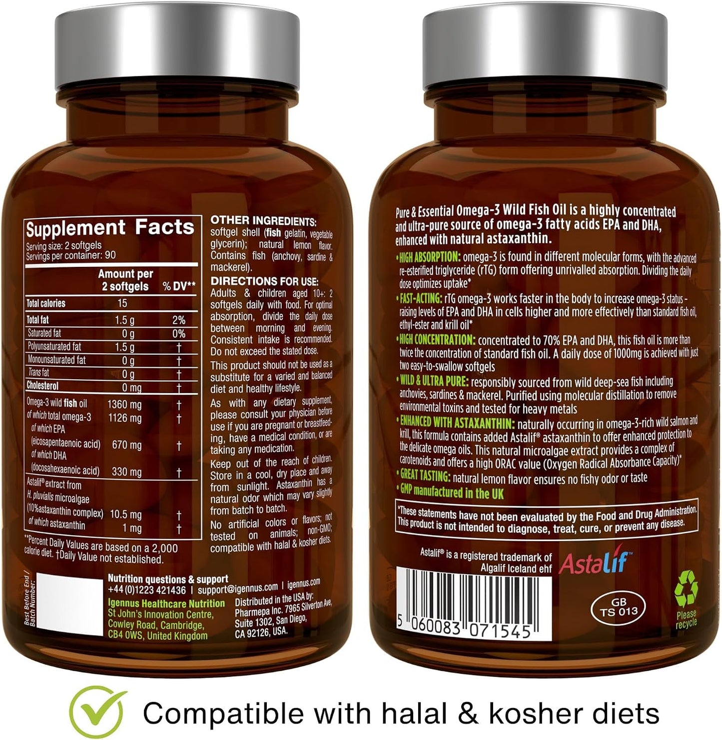 Igennus Ultra Pure Omega 3 Triglyceride rTG Wild Fish Oil 1360mg, IFOS Certified, EPA DHA 1000mg Plus Astaxanthin, Non-GMO, for Men & Women, 180 Softgels