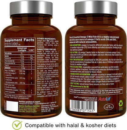 Igennus Ultra Pure Omega 3 Triglyceride rTG Wild Fish Oil 1360mg, IFOS Certified, EPA DHA 1000mg Plus Astaxanthin, Non-GMO, for Men & Women, 180 Softgels