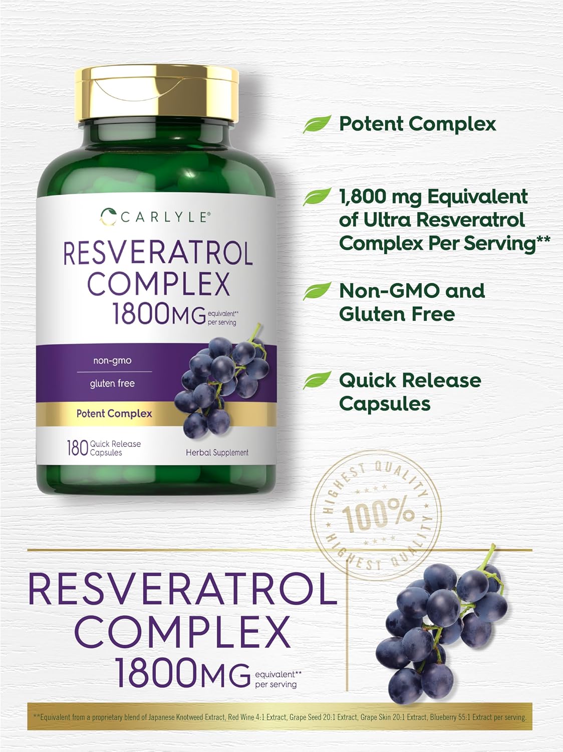 Carlyle Resveratrol Complex - 180 Capsules | Trans Resveratrol Supplement with Grape Seed Extract - Non GMO, Gluten Free