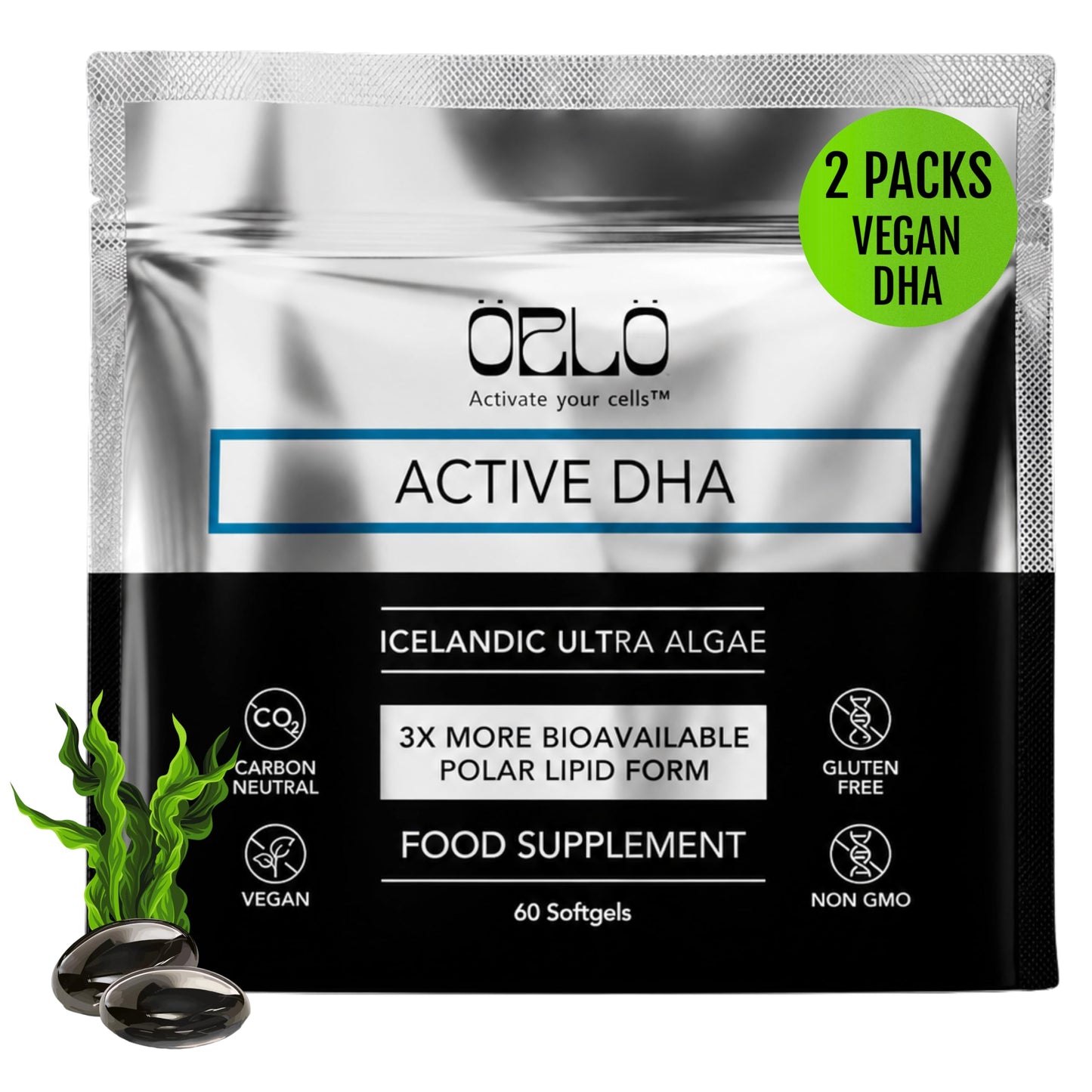 Orlo DHA Supplement 1000mg - 3X Absorption Natural Icelandic Nordic Omega 3 DHA & EPA for Brain & Eye Support – Vegan Fish Oil Alternative, No Fishy Aftertaste, 60 Easy-to-Swallow Mini Softgels