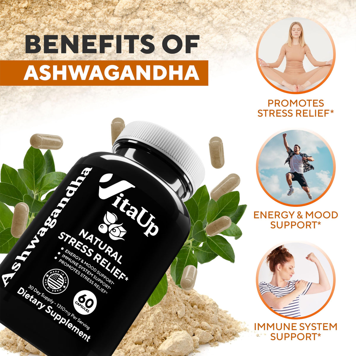 VitaUp Organic Ashwagandha Capsules 1310 mg - USA Made Ashwagandha Supplements