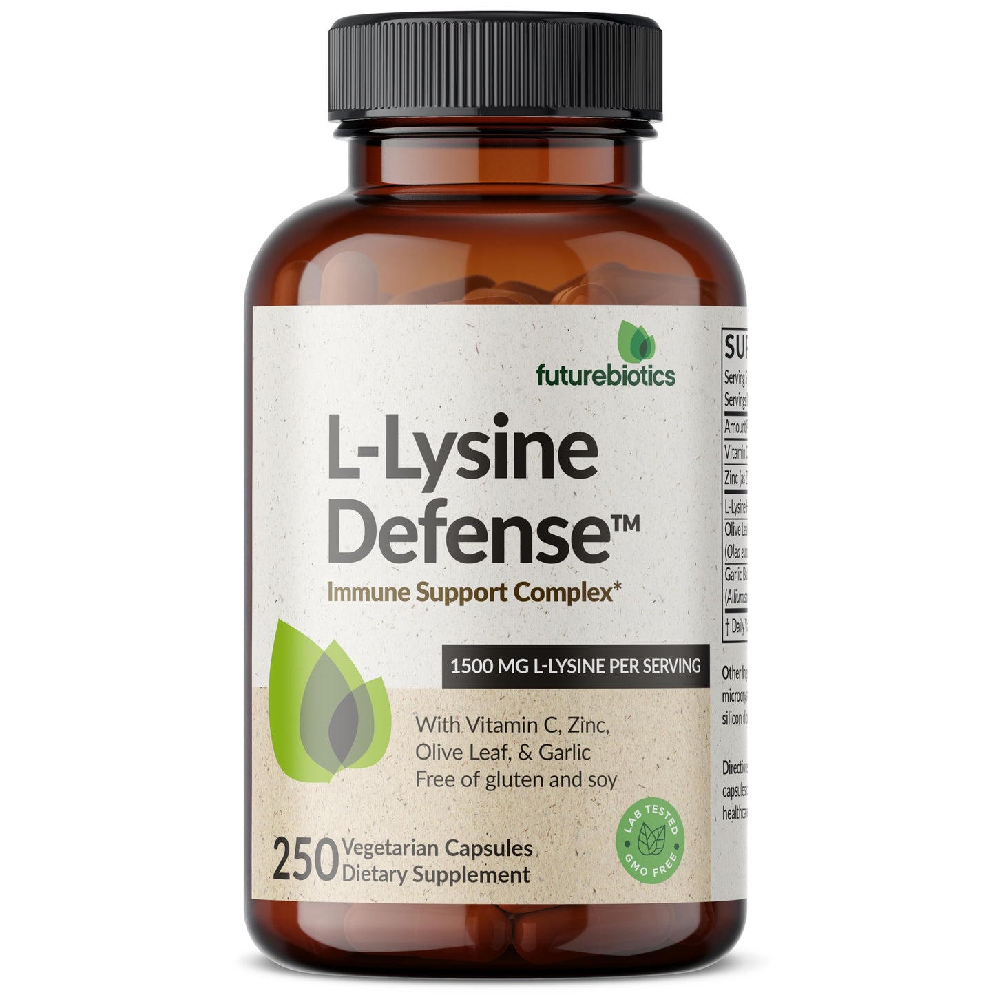 Futurebiotics L-Lysine Defense Immune Support Complex 1500 MG Per Serving with Vitamin C, Zinc, Olive Leaf & Garlic - Non-GMO, 90 Vegetarian Capsules