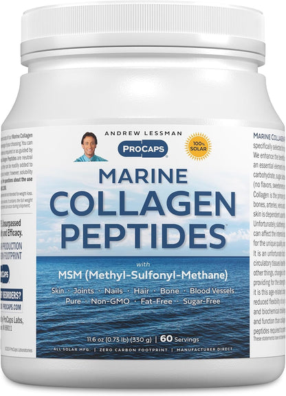 Andrew Lessman ProCaps Marine Collagen with MSM Powder 60 Servings | Marine Collagen with MSM supports healthy skin, joints, bones, hair and nails in a pure, unflavored, super-soluble powder.