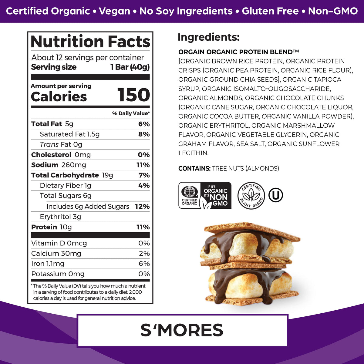 Orgain Organic Vegan Protein Bars, Smores - 10g Plant Based Protein, Gluten Free Snack