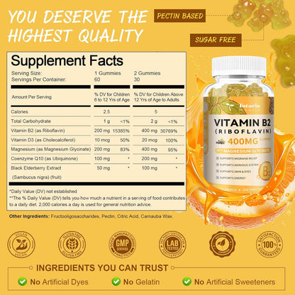 Totaria Vitamin B2 Gummies, Sugar Free Riboflavin 400mg Supplement for Adults & Kids with Magnesium Glycinate 400mg, COQ10 & Elderberry, Skin & Nervous System Support, Non-GMO, 60 Gummies