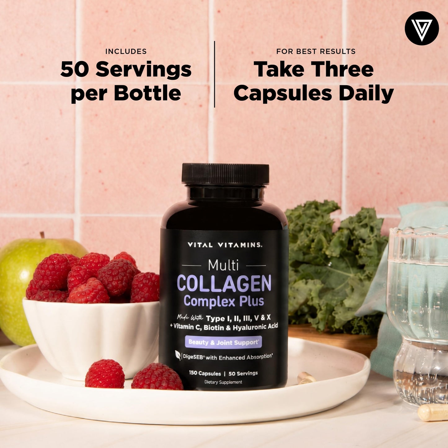 Vital Vitamins Multi Collagen Complex Plus Biotin, Hyaluronic Acid & VIT. C | Hair, Skin, & Nails Supplements for Women and Men, 5 Collagen Types I II III V & X, 150 Capsules