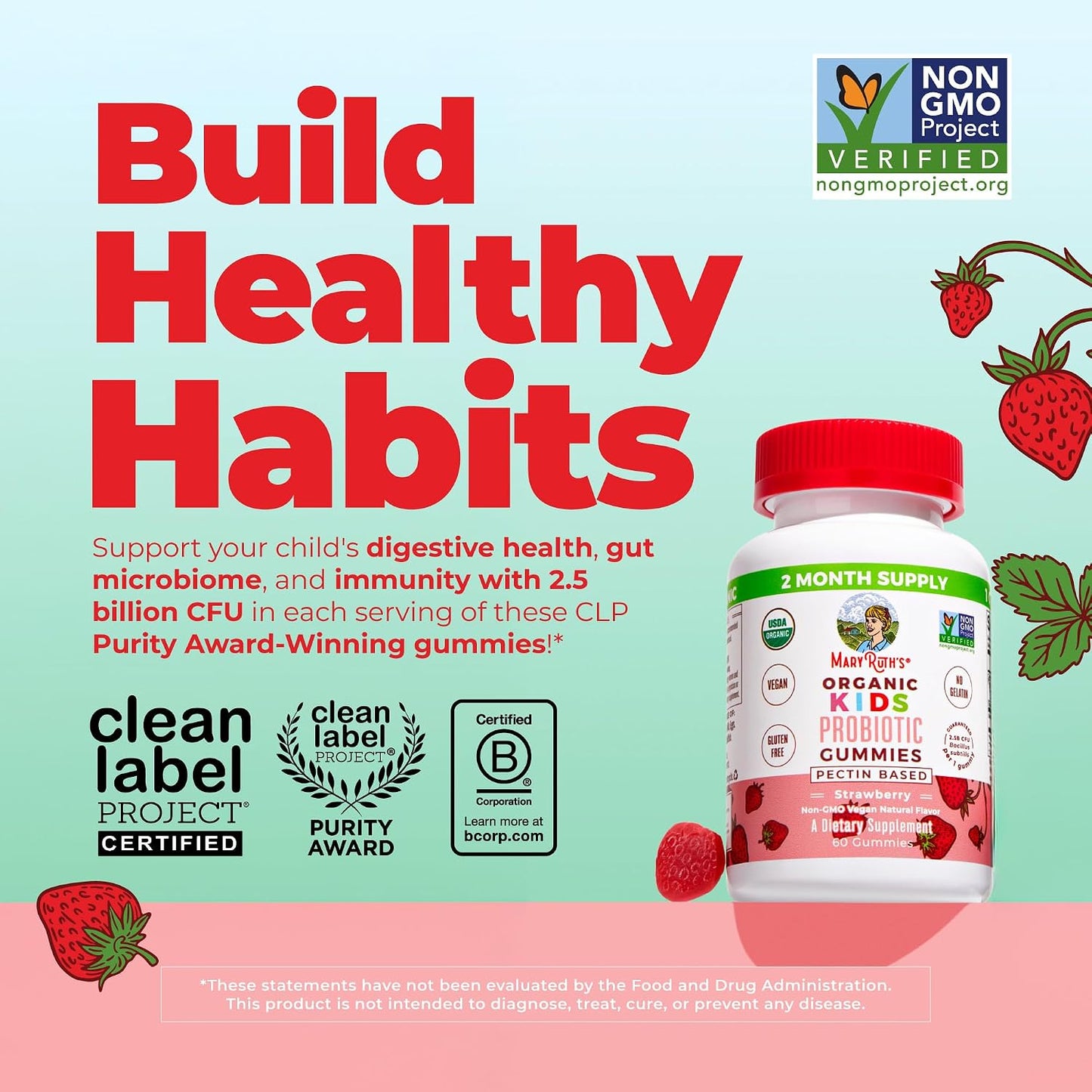 MaryRuth Organics Kids Probiotics for Digestive Health | USDA Probiotic Gummies | 2 Month Supply | Kids Probiotics | Immune Support | Gut Health Supplement | Vegan | Non-GMO | Gluten Free | 60 Count