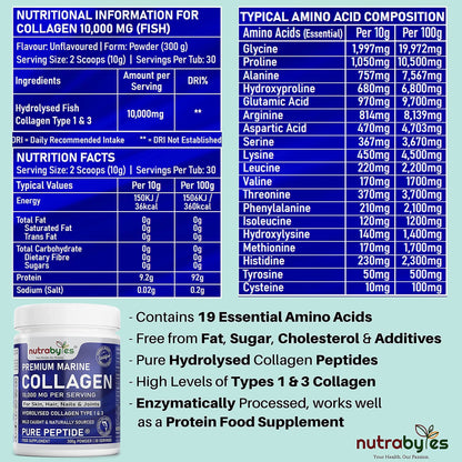 Marine Collagen Powder 10000mg Type 1 & 3 Unflavoured| Wild Caught Fish Hydrolysed Protein Peptides for Women & Men