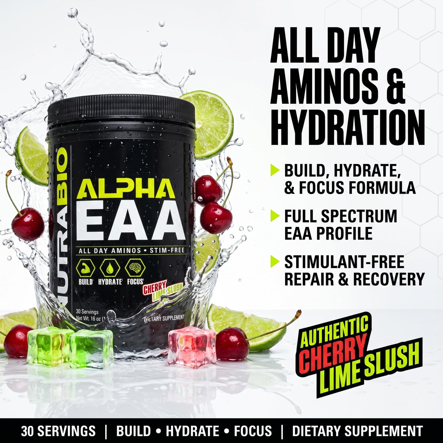 NutraBio Alpha EAA - All-Day Amino Acids for Muscle Growth and Hydration - Essential Amino Acids with Nootropics & Adaptogens- Full Spectrum EAA BCAA Powder - 30 Servings - Strawberry Lemon