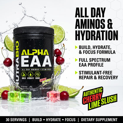 NutraBio Alpha EAA - All-Day Amino Acids for Muscle Growth and Hydration - Essential Amino Acids with Nootropics & Adaptogens- Full Spectrum EAA BCAA Powder - 30 Servings - Strawberry Lemon
