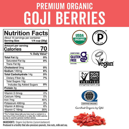 Viva Naturals Organic Dried Goji Berries, 1 lb (454 g) – Non-GMO, Vegan Wolfberries, Perfect for Goji Berry Tea, Smoothies, Baking & Snacking