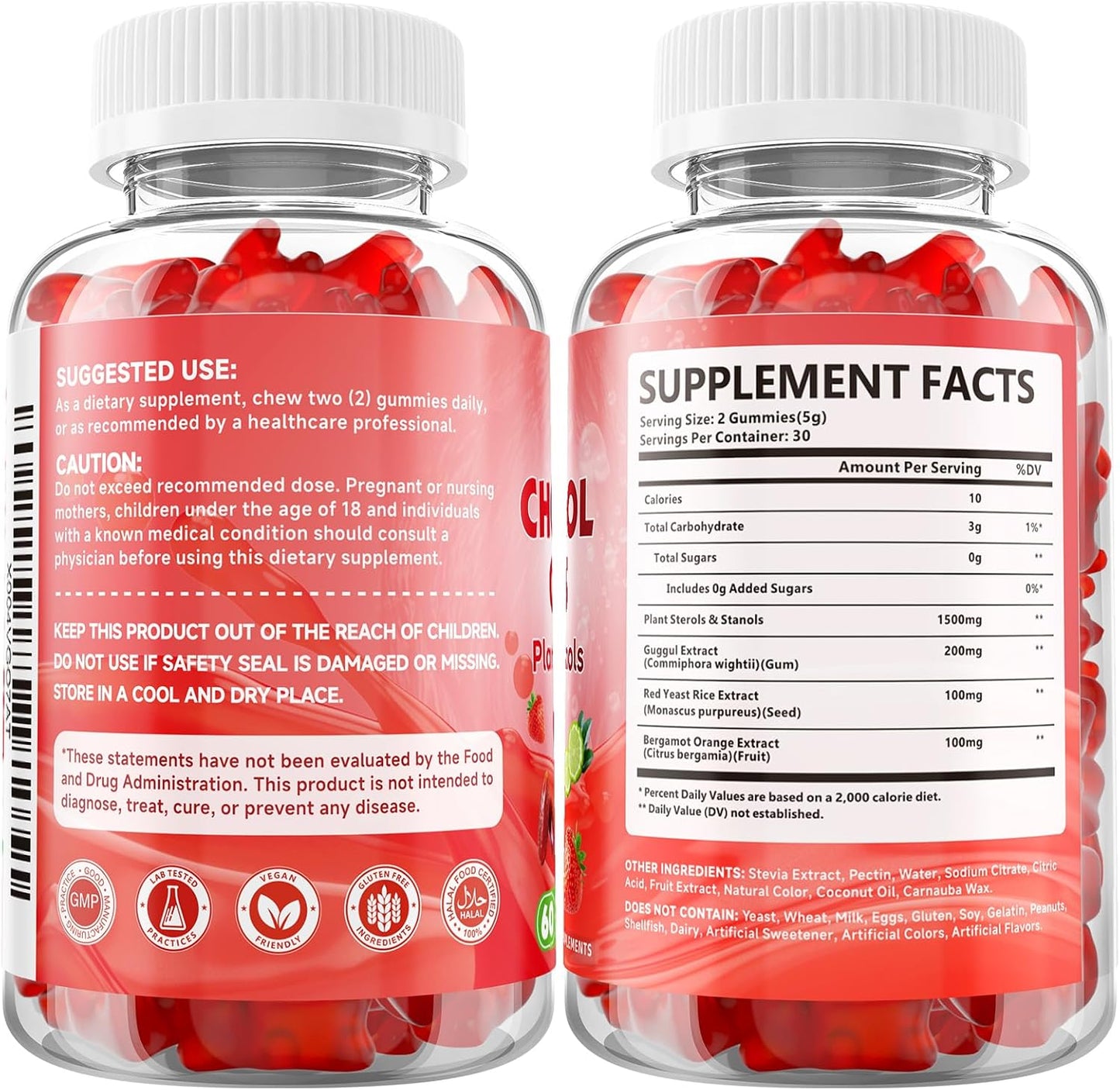 Cholesterol Supplements Gummies with Plant Sterols & Stanols, Guggul, Bergamot Orange, Red Yeast Rice, Sugar Free, Strawberry Flavor, 60 Count