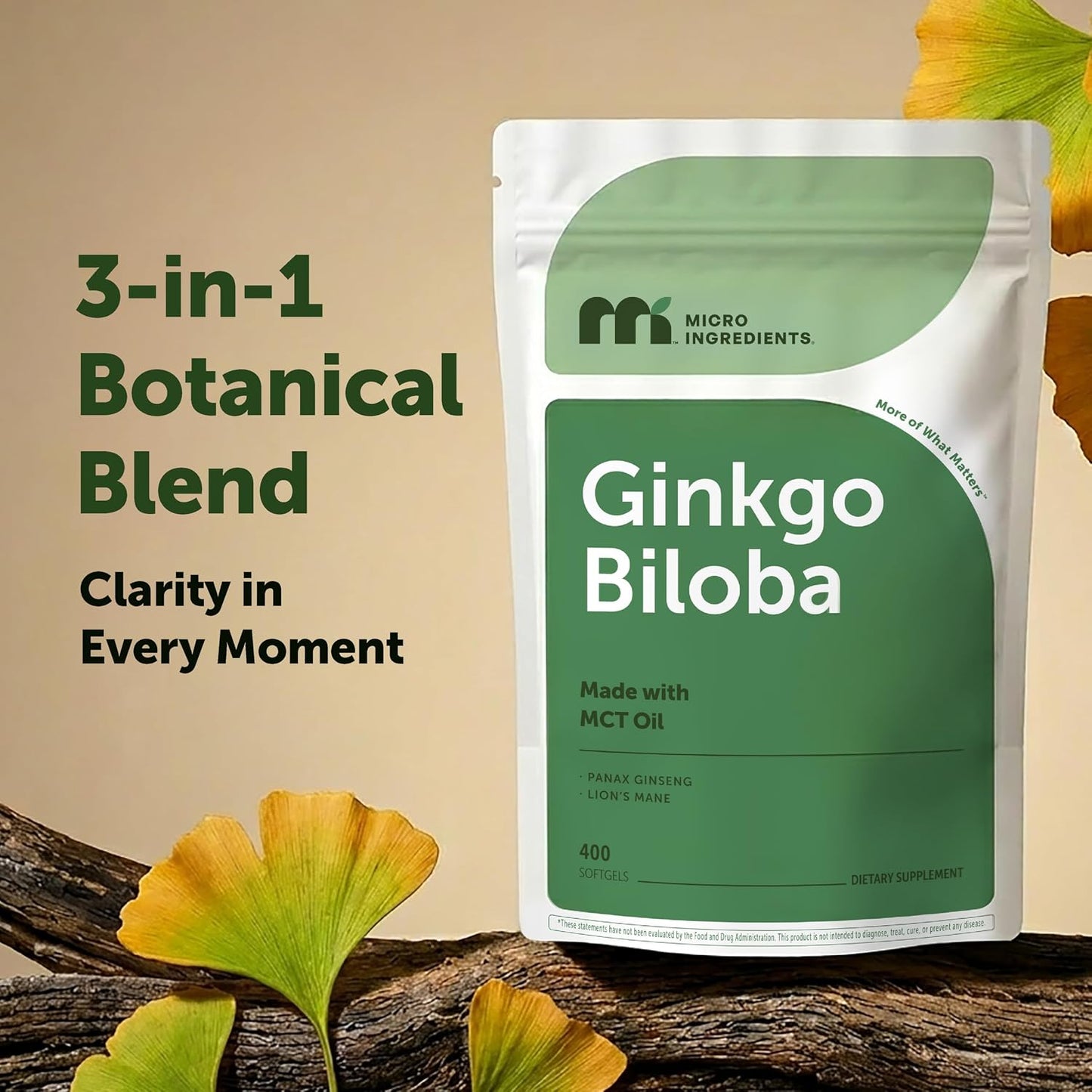 Micro Ingredients Ginkgo Biloba 120 mg Per Serving, 400 Softgels | 3-in-1 with Panax Ginseng & Lion’s Mane | Herbal Mushroom Blend | Made with MCT Oil | Non-GMO