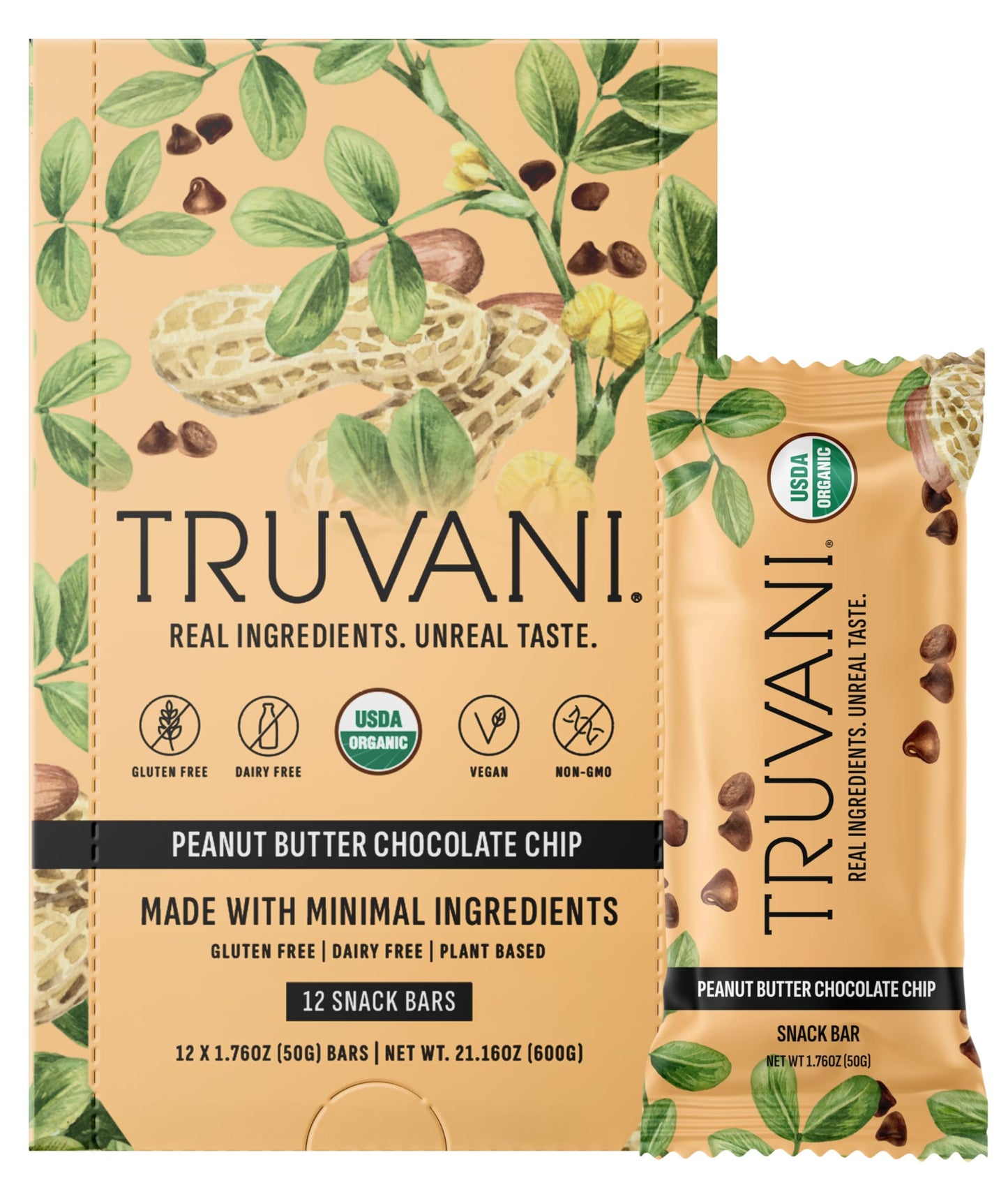 Truvani Plant Based Snack Bars | Variety | 12 Pack | Vegan | 5-8g Protein | USDA Organic and Vegan | Dairy, Soy, and Gluten Free | Individually Wrapped