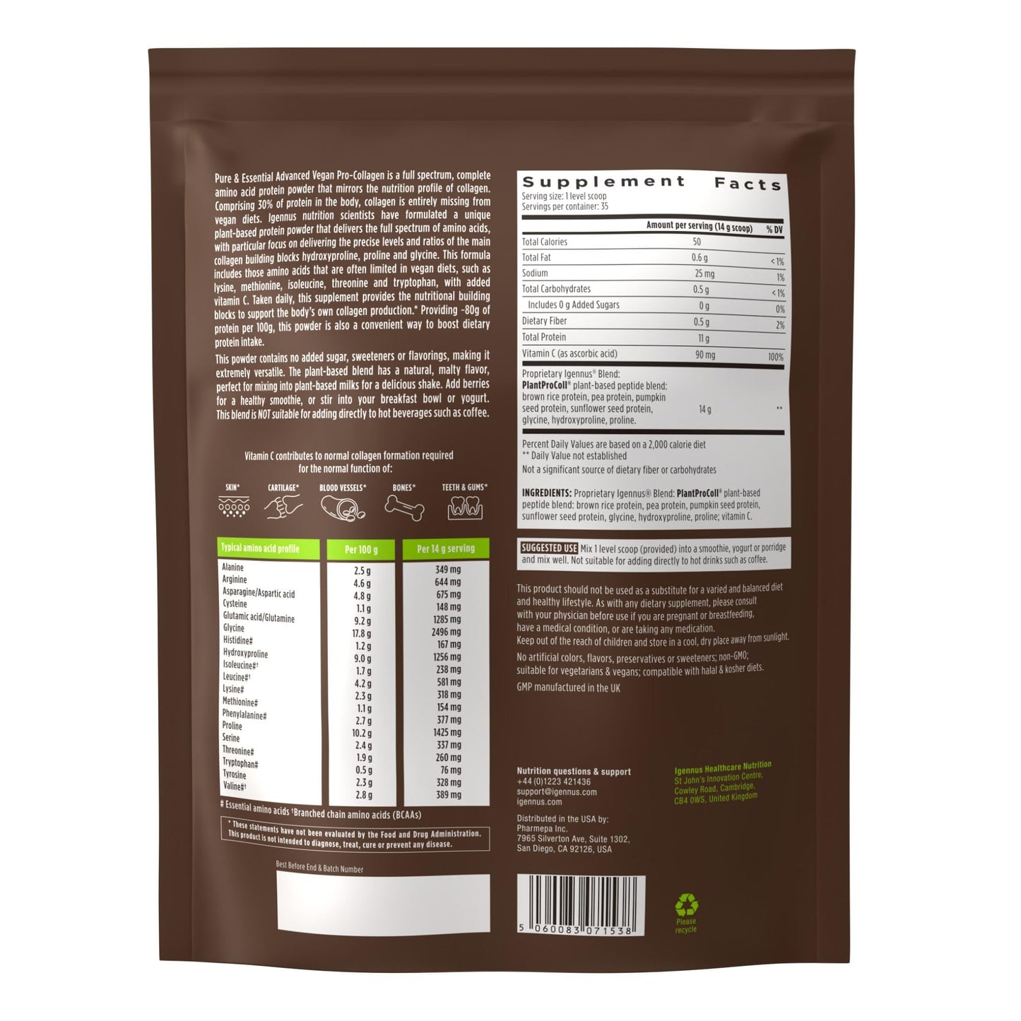 Igennus Vegan Collagen Peptide Powder, Enhanced with Glycine, Proline & Hydroxyproline & Cofactor Vitamin C, Non GMO, Complete Vegetarian Plant Based Collagen Powder Booster, 35 Servings
