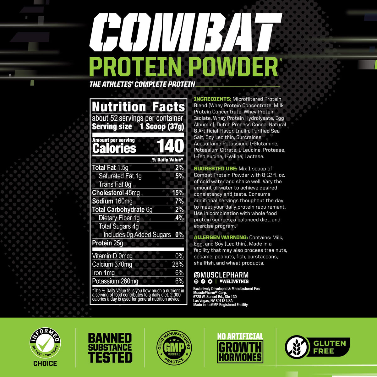 MusclePharm Combat Protein Powder, Chocolate Milk - 4 lb - Gluten Free - 52 Servings