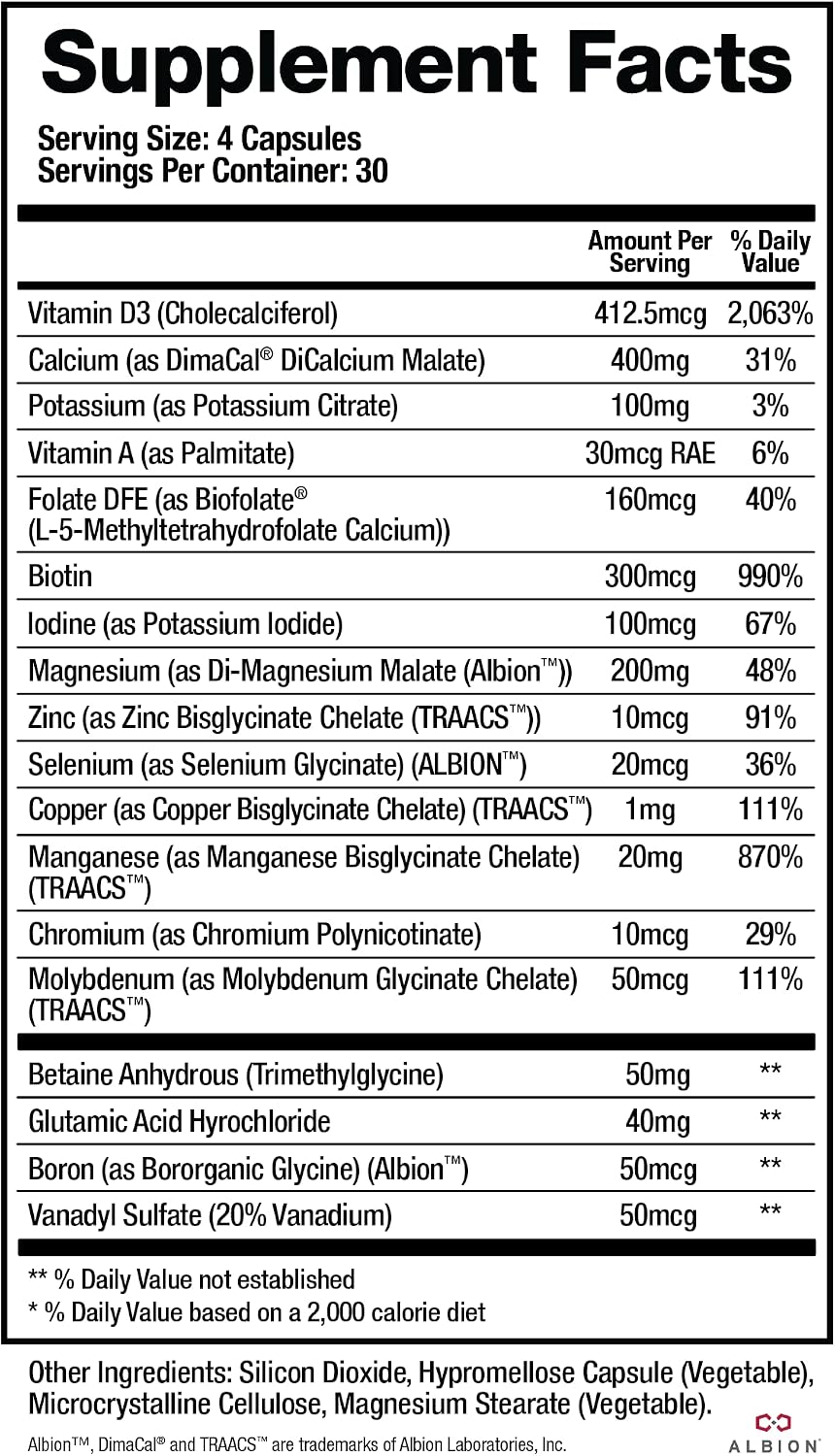 BioMatrix Chelated Mineral Supplement, Iron-Free, Calcium, Magnesium, Zinc | Albion Forms, Vitamin D3, Copper & Iodine, Bone Strength & Immune Aid, Krebs Cycle Energy, Veggie Caps, 30-Day Supply