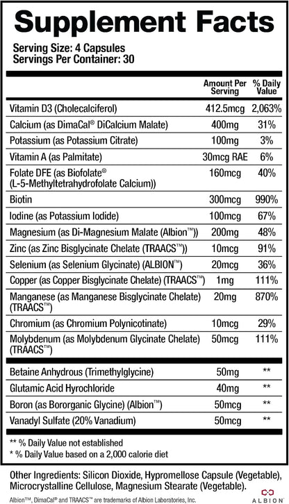 BioMatrix Chelated Mineral Supplement, Iron-Free, Calcium, Magnesium, Zinc | Albion Forms, Vitamin D3, Copper & Iodine, Bone Strength & Immune Aid, Krebs Cycle Energy, Veggie Caps, 30-Day Supply