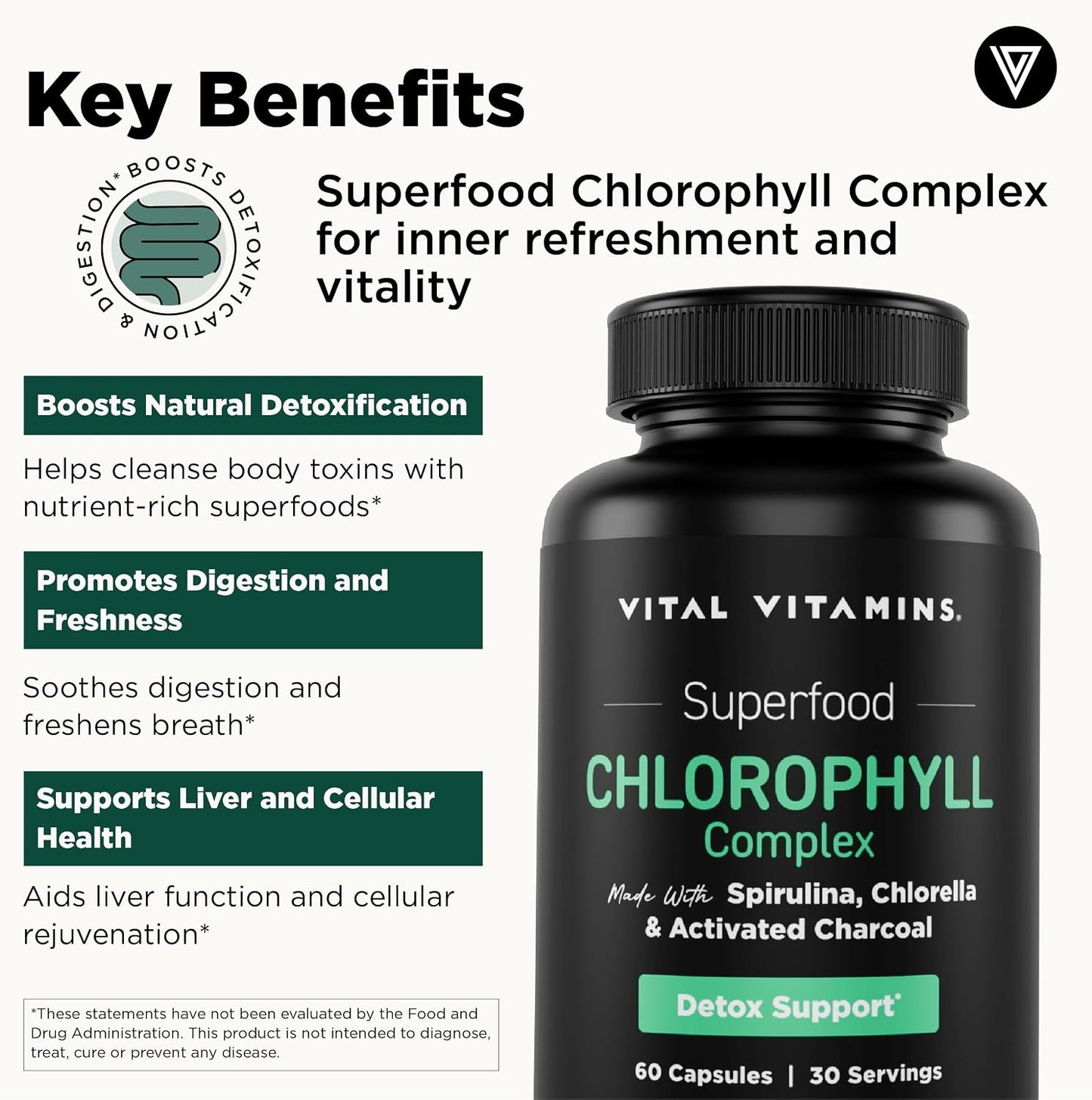 Vital Vitamins Chlorophyll Pills with Spirulina, Chlorella & Charcoal | Detoxifies & Freshens from Within, Natural Body Deodorizer, Superfood Complex for Women & Men, 60 Capsules