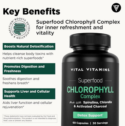 Vital Vitamins Chlorophyll Pills with Spirulina, Chlorella & Charcoal | Detoxifies & Freshens from Within, Natural Body Deodorizer, Superfood Complex for Women & Men, 60 Capsules