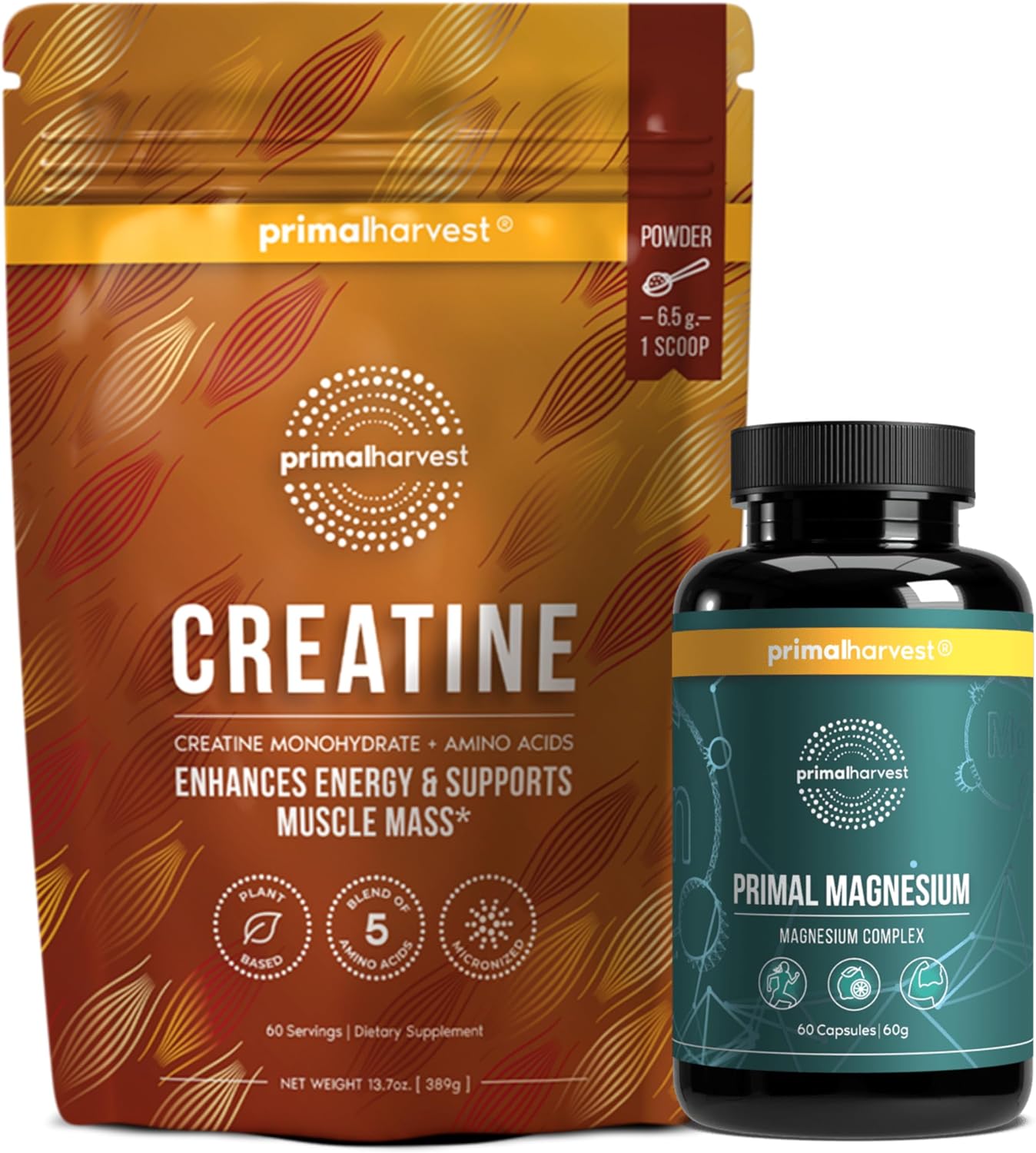 Primal Creatine Powder + Primal Magnesium Capsules Bundle | 2-Pack | Support Muscle Strength, Recovery & Relaxation | 60 Servings
