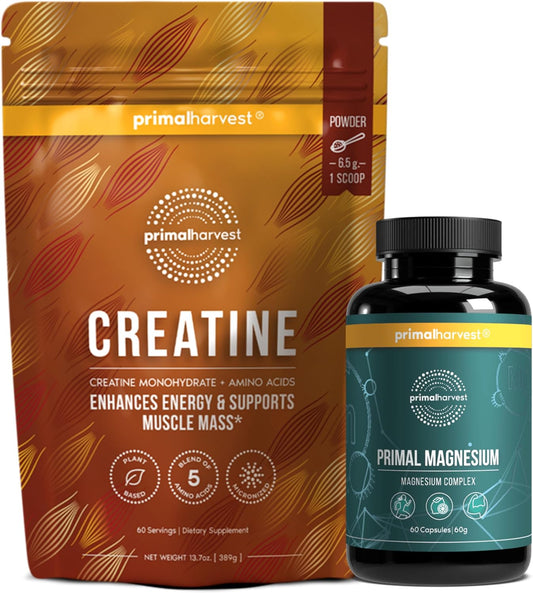Primal Creatine Powder + Primal Magnesium Capsules Bundle | 2-Pack | Support Muscle Strength, Recovery & Relaxation | 60 Servings