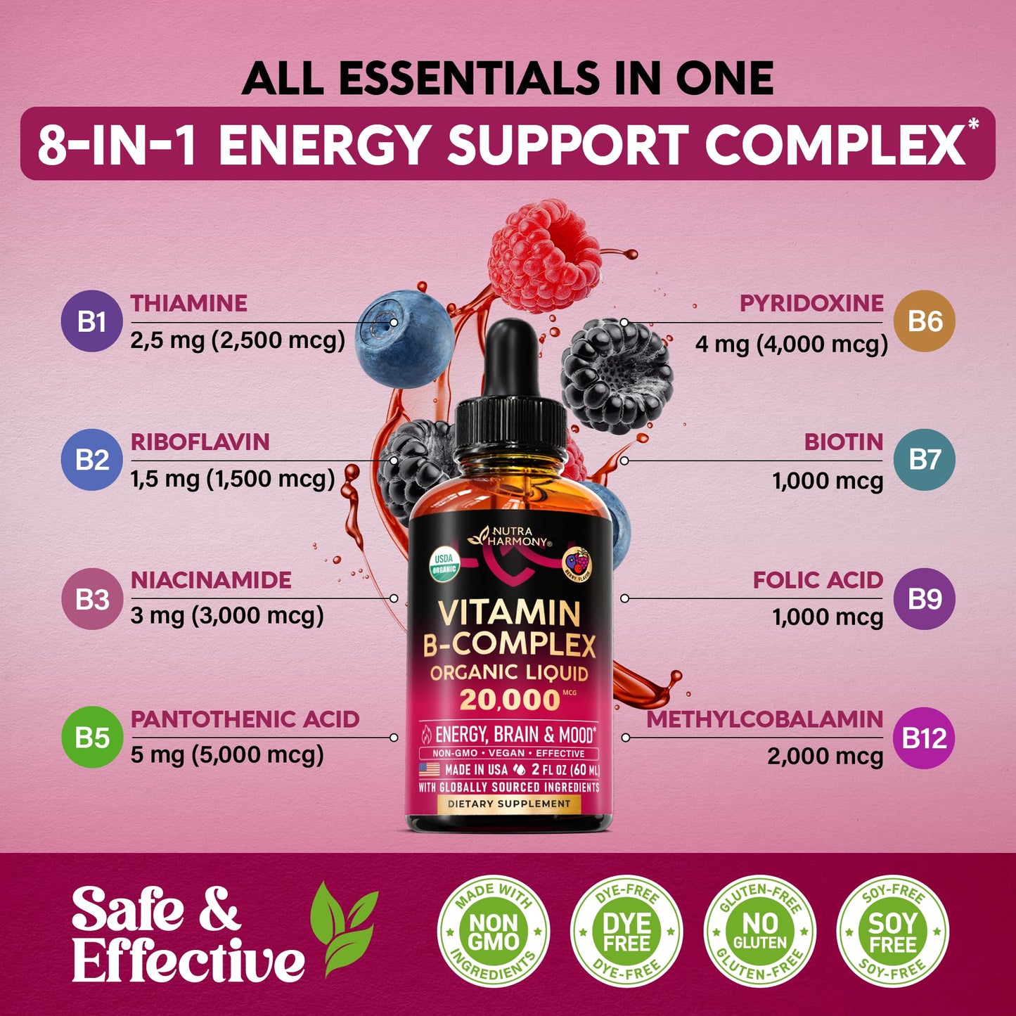USDA Organic Vitamin B-Complex B5 Pantothenic Acid | B12 Methylcobalamin | B1 Thiamine | B6 Pyridoxine | B7 Biotin | B9 Folic | B3 Niacinamide - B Complex Liquid Drops, Natural Berry Flavor, 2fl oz