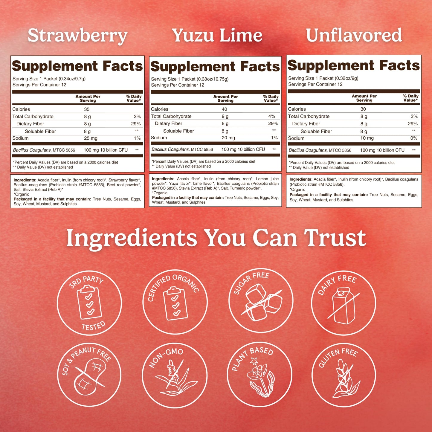 Organic Traditions Fiber Flow Variety Pack, Daily Fiber Supplement Sticks with Acacia, Chicory Root Inulin, One Billion CFU Probiotics, Mixed Flavors Strawberry Yuzu Lime Unflavoured, 12 Count