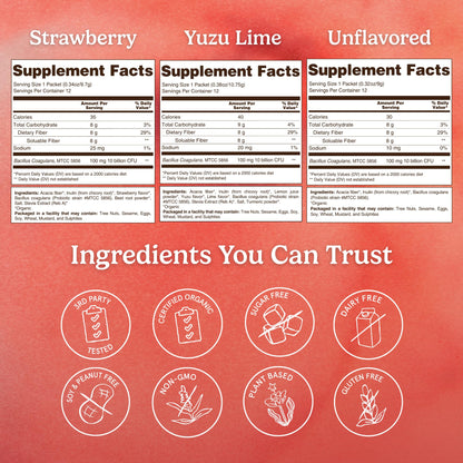Organic Traditions Fiber Flow Variety Pack, Daily Fiber Supplement Sticks with Acacia, Chicory Root Inulin, One Billion CFU Probiotics, Mixed Flavors Strawberry Yuzu Lime Unflavoured, 12 Count