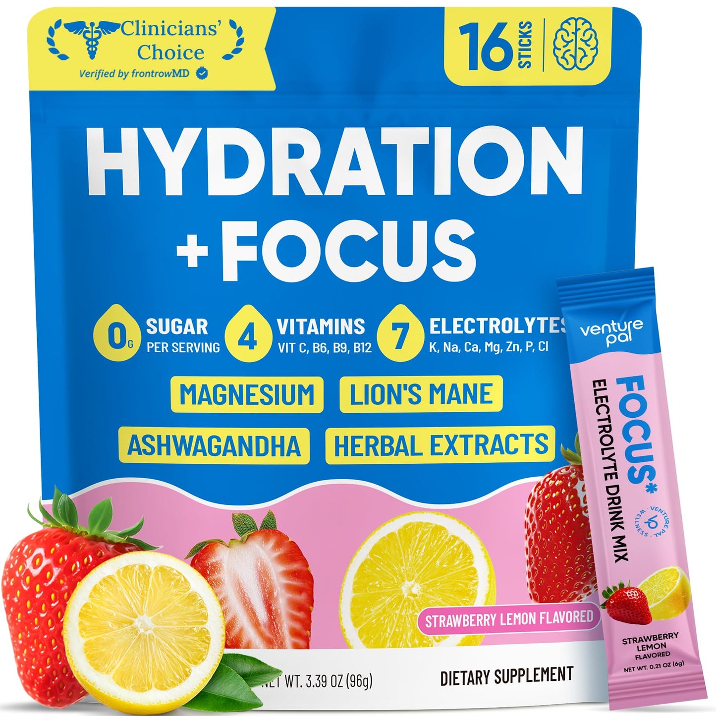 Venture Pal Sugar Free Hydration + Focus Electrolyte Packets, 16 Sticks | 7 Electrolytes + Vitamins, Magnesium, Lion's Mane & Ashwagandha, Boost Clarity & Energy, Electrolytes Powder, Vegan, Keto