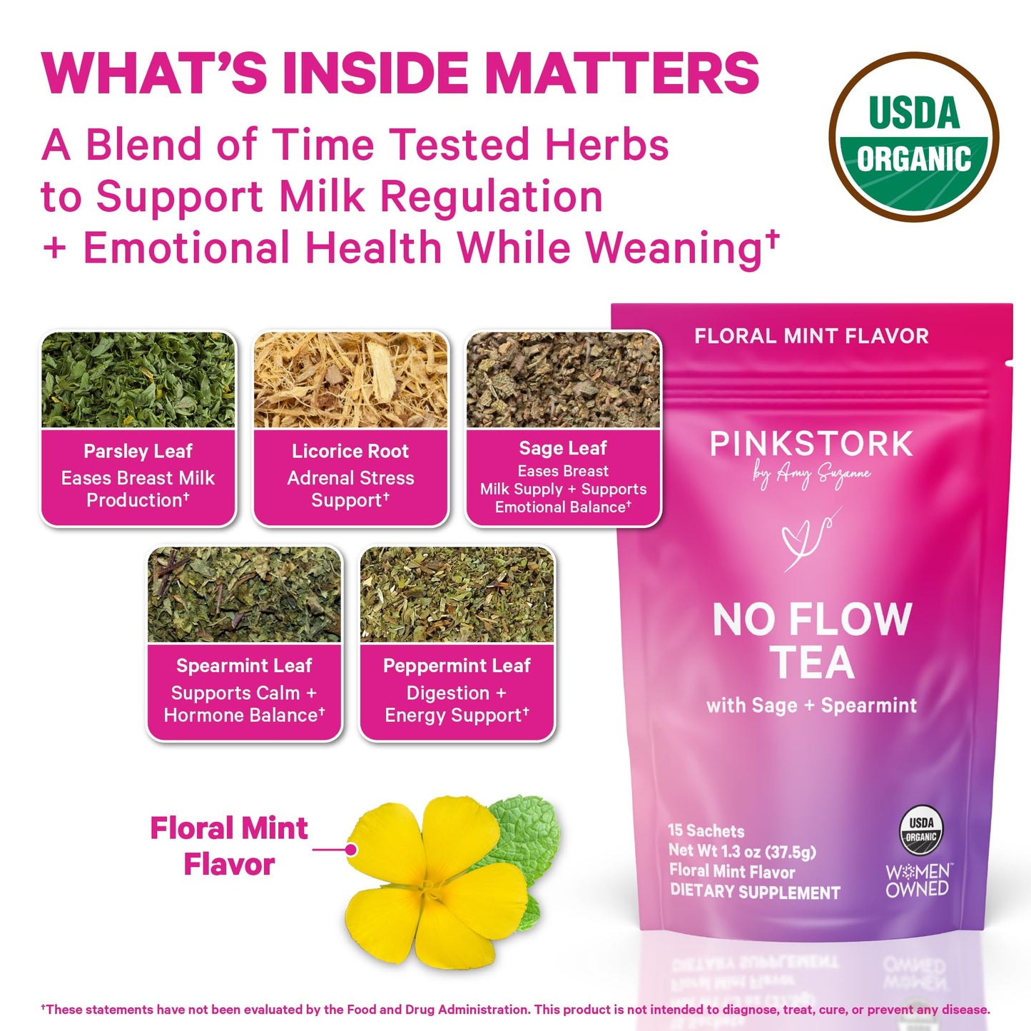Pink Stork No Flow Organic Sage Tea, Floral Mint Flavor, 15 Sachets | Dry Up Breast Milk Supply, Ease Milk Production, Wean Lactation Naturally, Hot or Iced, Postpartum Essentials