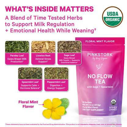 Pink Stork No Flow Organic Sage Tea, Floral Mint Flavor, 15 Sachets | Dry Up Breast Milk Supply, Ease Milk Production, Wean Lactation Naturally, Hot or Iced, Postpartum Essentials
