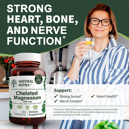 Natural Nutra Chelated Magnesium Oxide 250mg- High Absorption for Strong Bones, Heart Health, Improves Dental Health, Energy Boost, Gluten-Free, Non-GMO, 90Tablets in BPA-Free Recyclable Glass Bottles