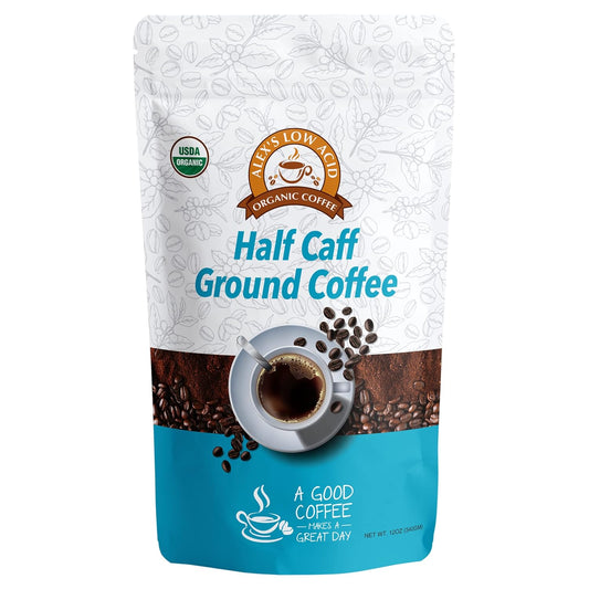 Alex's Low Acid Organic Coffee 12oz Bag - Half Caff Fresh Ground (Pack of 1)