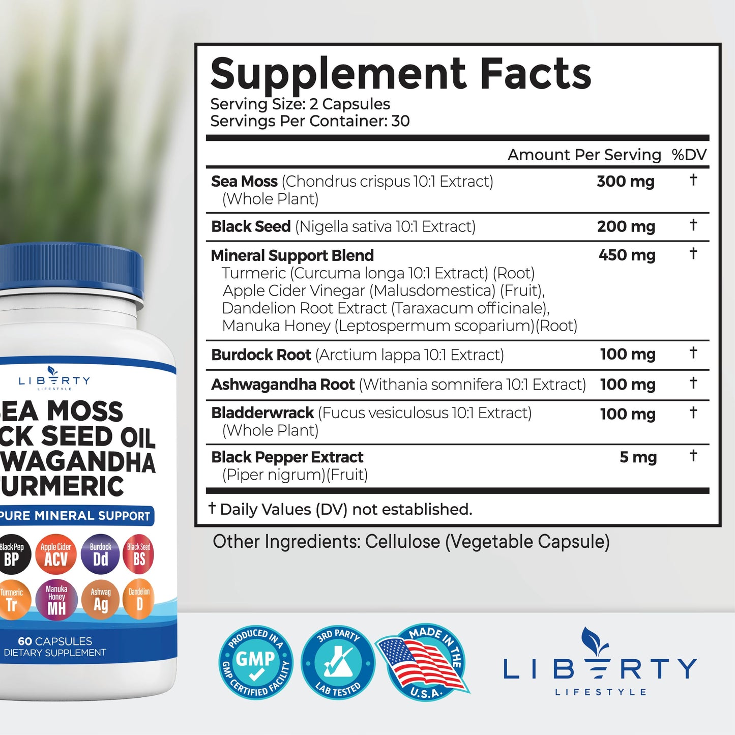 Liberty Lifestyle Sea Moss Black Seed Oil Ashwagandha Turmeric Bladderwrack Burdock - with Manuka, Honey Dandelion, ACV Black Pepper Gluten Free - 2-Pack