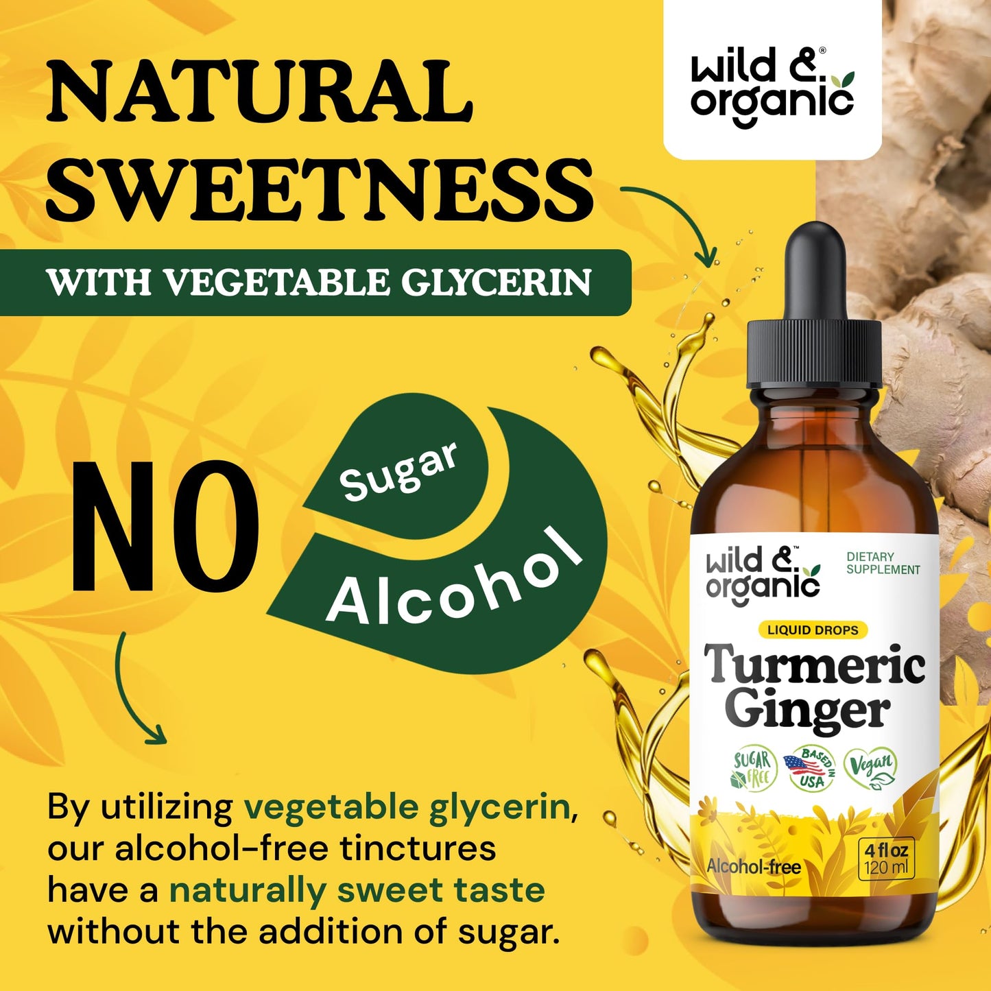 Wild & Organic Turmeric and Ginger Supplement - Movement & Immune Support - Liquid Turmeric Curcumin with Black Pepper and Ginger - Add to Tea Drops - Vegan, Sugar & Alcohol-Free Tincture - 4 oz