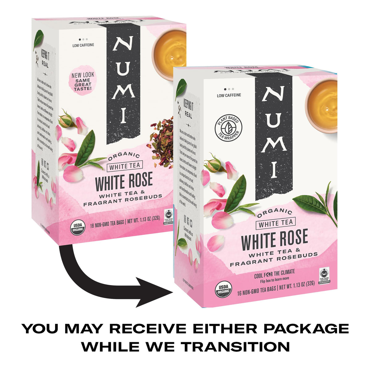 Numi Organic White Rose Tea, 16 Tea Bags, White Tea & Fragrant Rosebuds, Low Caffeine