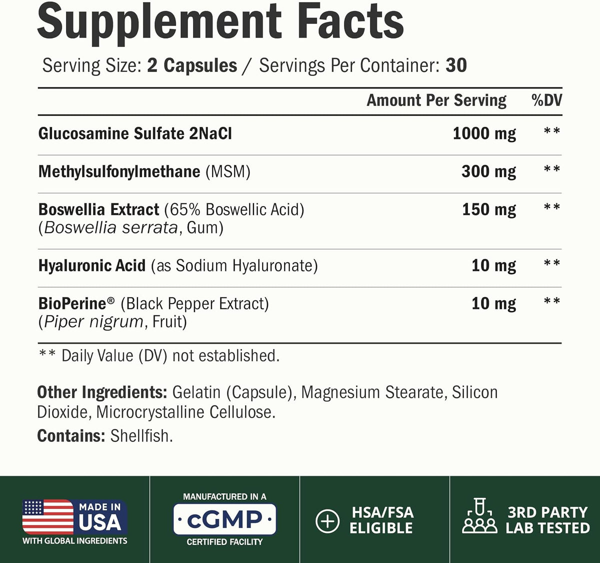 Glucosamine Sulfate 1000mg with Hyaluronic Acid – Joint Supplement 60 Caps
