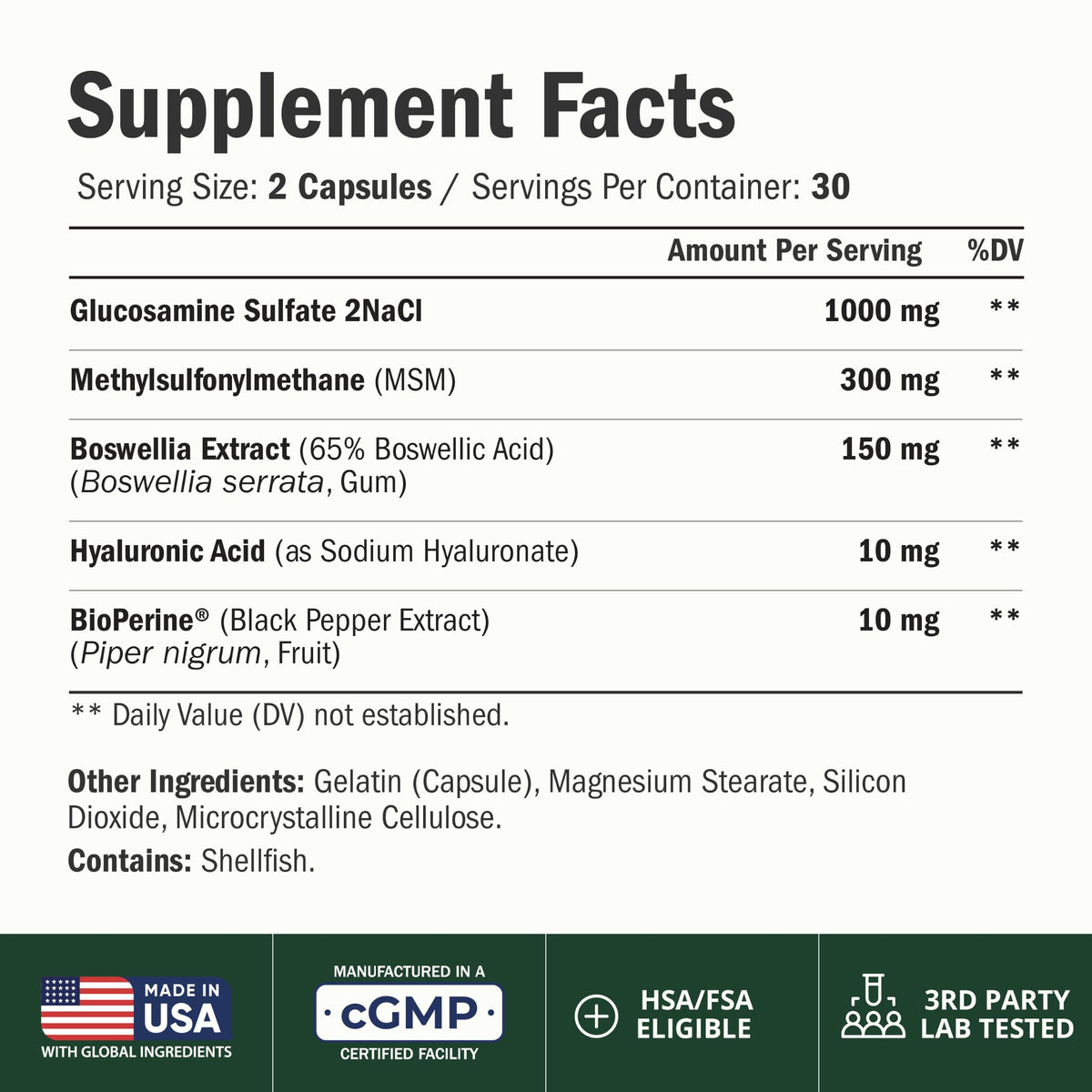 Glucosamine Sulfate 1000mg with Hyaluronic Acid – Joint Supplement 60 Caps
