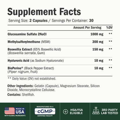Glucosamine Sulfate 1000mg with Hyaluronic Acid – Joint Supplement 60 Caps