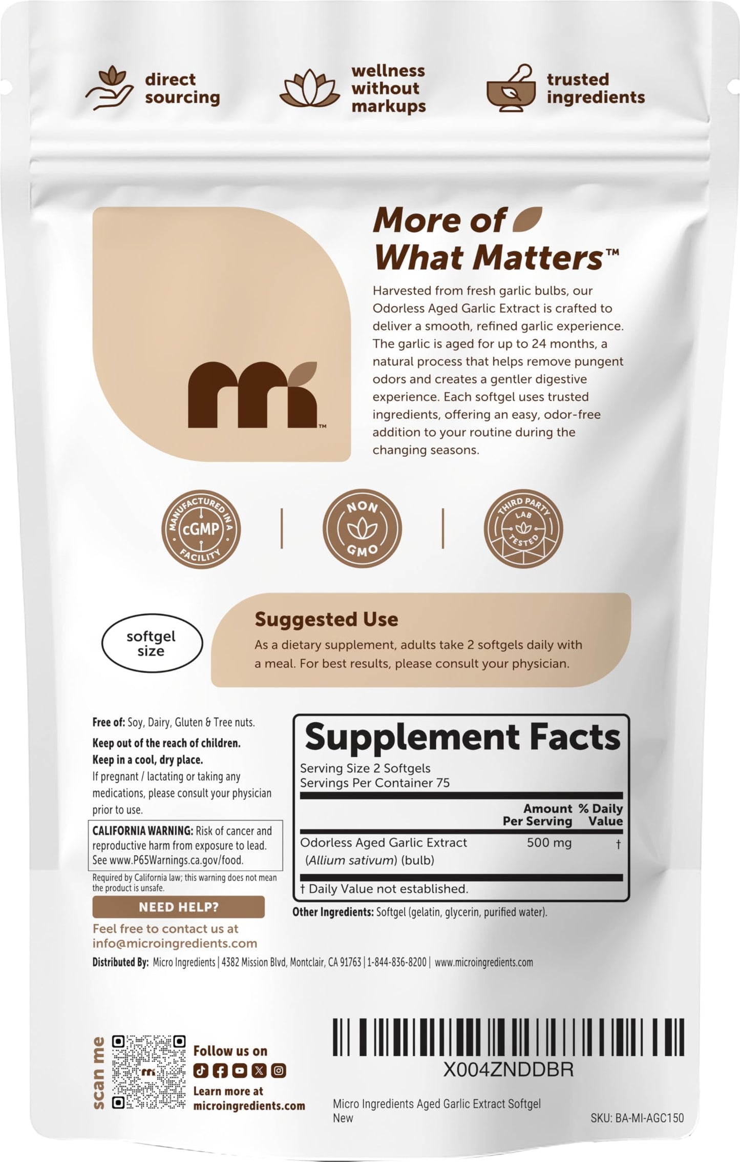 Micro Ingredients Odorless Garlic, 300 Softgels | 2 Years Aged Garlic Extract | Grown Allium Sativum Bulb | Natural Herbal Supplements | Non-GMO, Gluten Free
