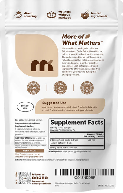 Micro Ingredients Odorless Garlic, 300 Softgels | 2 Years Aged Garlic Extract | Grown Allium Sativum Bulb | Natural Herbal Supplements | Non-GMO, Gluten Free