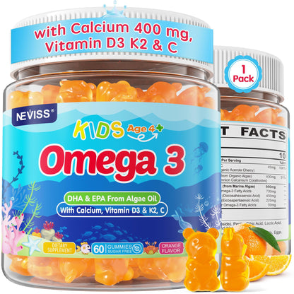Kids Omega 3 Gummies + Calcium 400mg + Vitamin D3 K2 + C, Omega-3 DHA & EPA Supplement - No Fish Burps, No Sugar - Kids & Teens Omega 3 + Multivitamin Gummy for Strong Bones, Brain, Immune, Eye, 2Pack